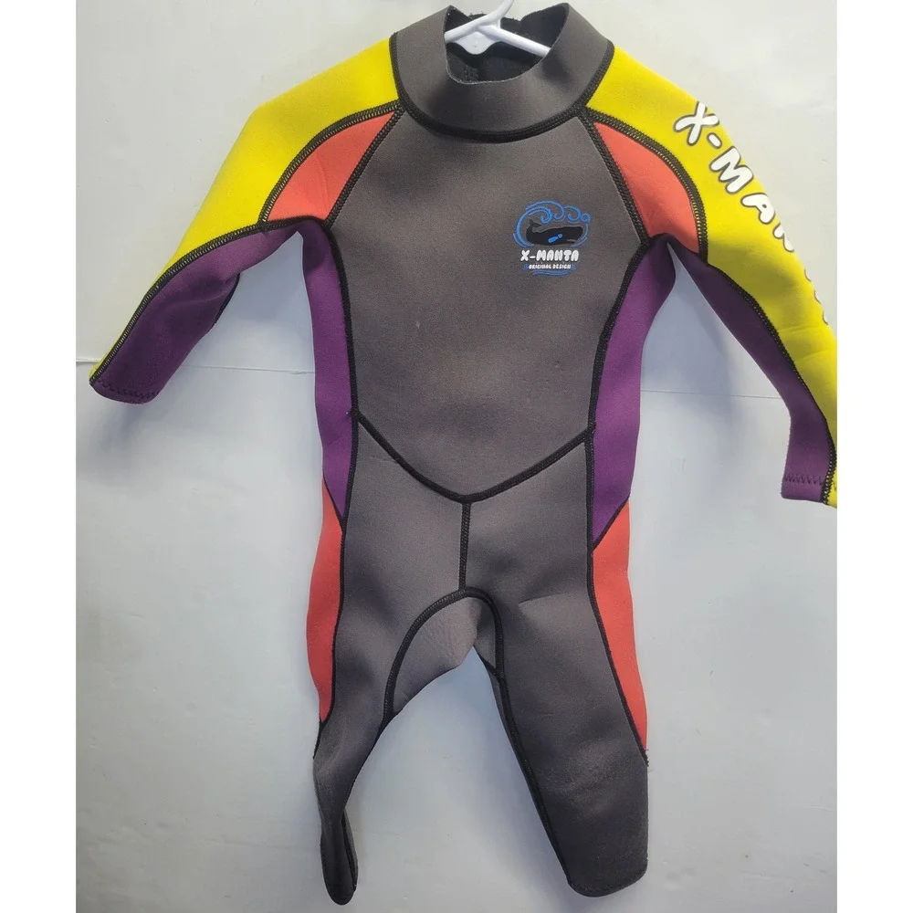 X-Manta Kids Full Body Wetsuit Grey Purple‎ Yellow Orange Neoprene Size S 100/54